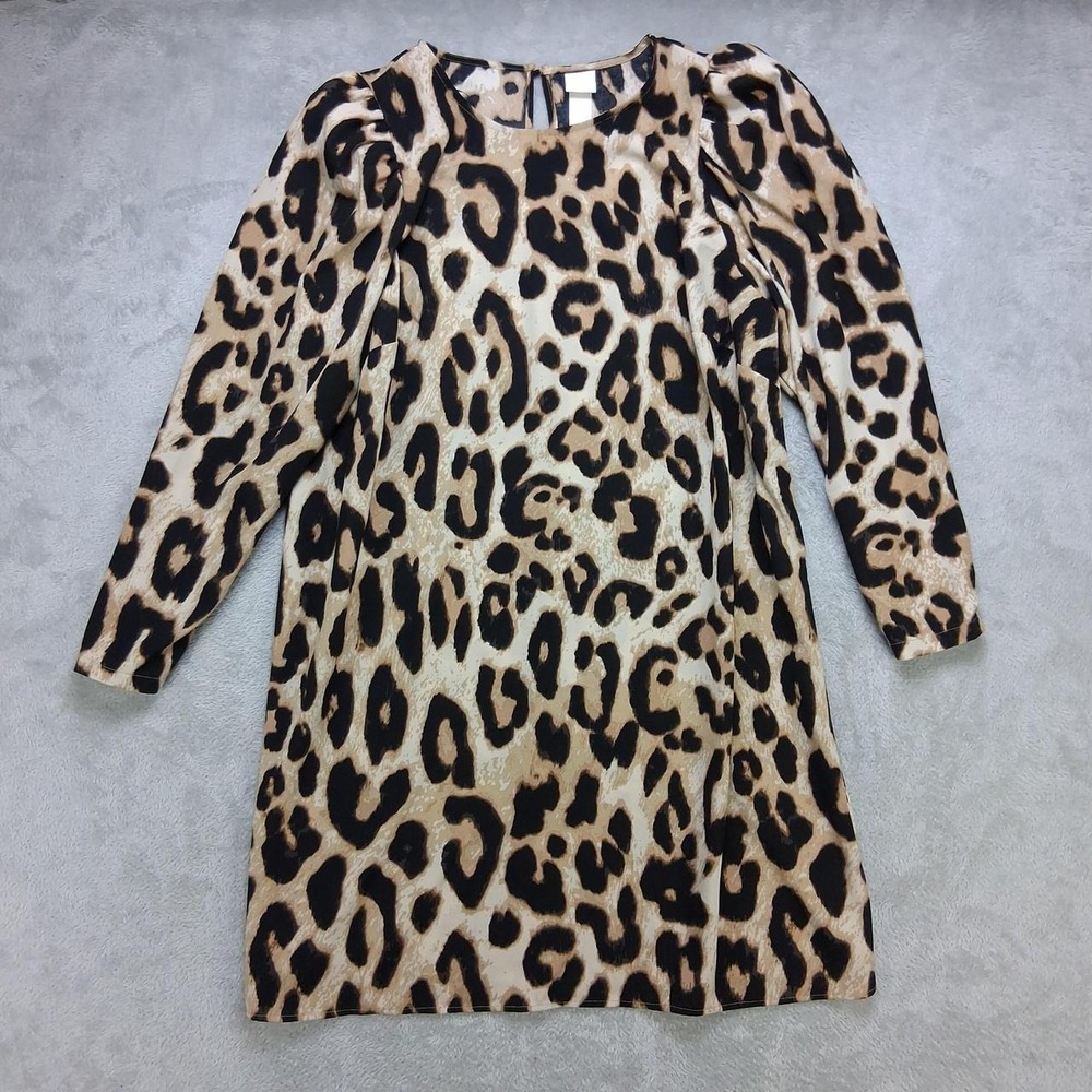 HM Womens XL Leopard Print Mini Dress Puff Sleeve Animal Print Brown Multi
